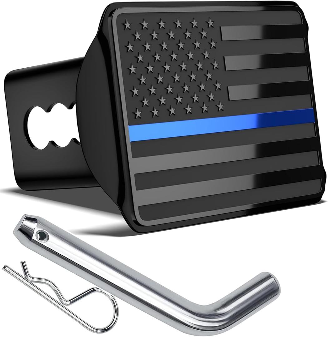 Heavy American Flag Metal Trailer Hitch Cover for 2 Inch Receivers (with Trailer Hitch Pin & Clip), Black&Thin Blue Line