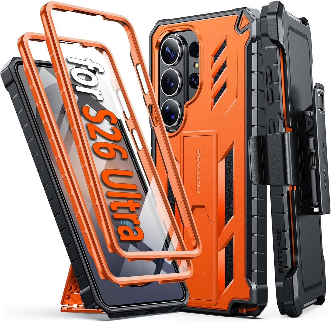 FNTCASE for Samsung Galaxy S26-Ultra Case: [2 Front Frames] [Built-in Screen Protector] [Belt Clip Holster & Kickstand] [Military-Grade Protection] Heavy Duty Full Body Shockproof Rugged Cover Orange