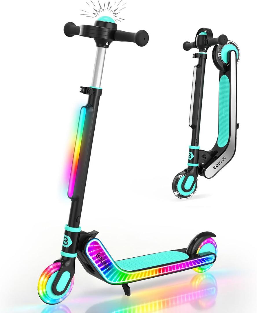 BELEEV Scooters for Kids with Infinity Mirror Light-Up Deck, LED Stem & Wheels, 12 Light Modes, 2 Wheel Folding Kick Scooter, 4 Adjustable Heights, Lightweight Scooter for Boys Girls Ages 3-12 (Aqua)