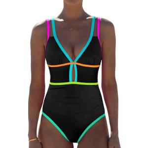 popvil Women One Piece Swimsuit 2026 Tummy Control Sexy Cutout Neon Color Block Bathing Suit Slimming Adjustable Swimwear, L