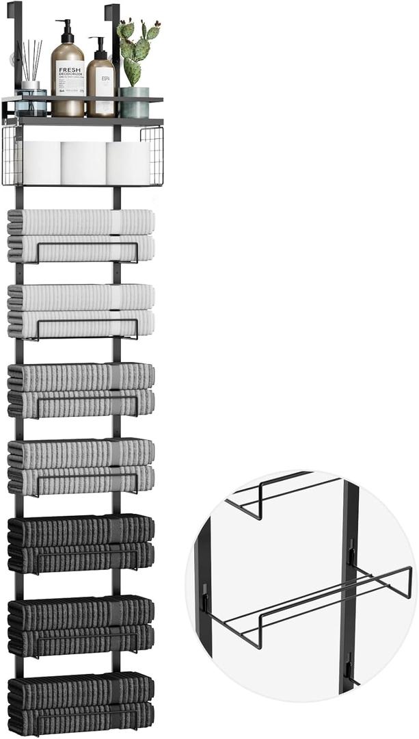 Towel Racks for Bathroom Over The Door Towel Racks Towel Storage Organizer with Metal Shelf Basket for Bathroom Rv Camper (9-Tier Black)
