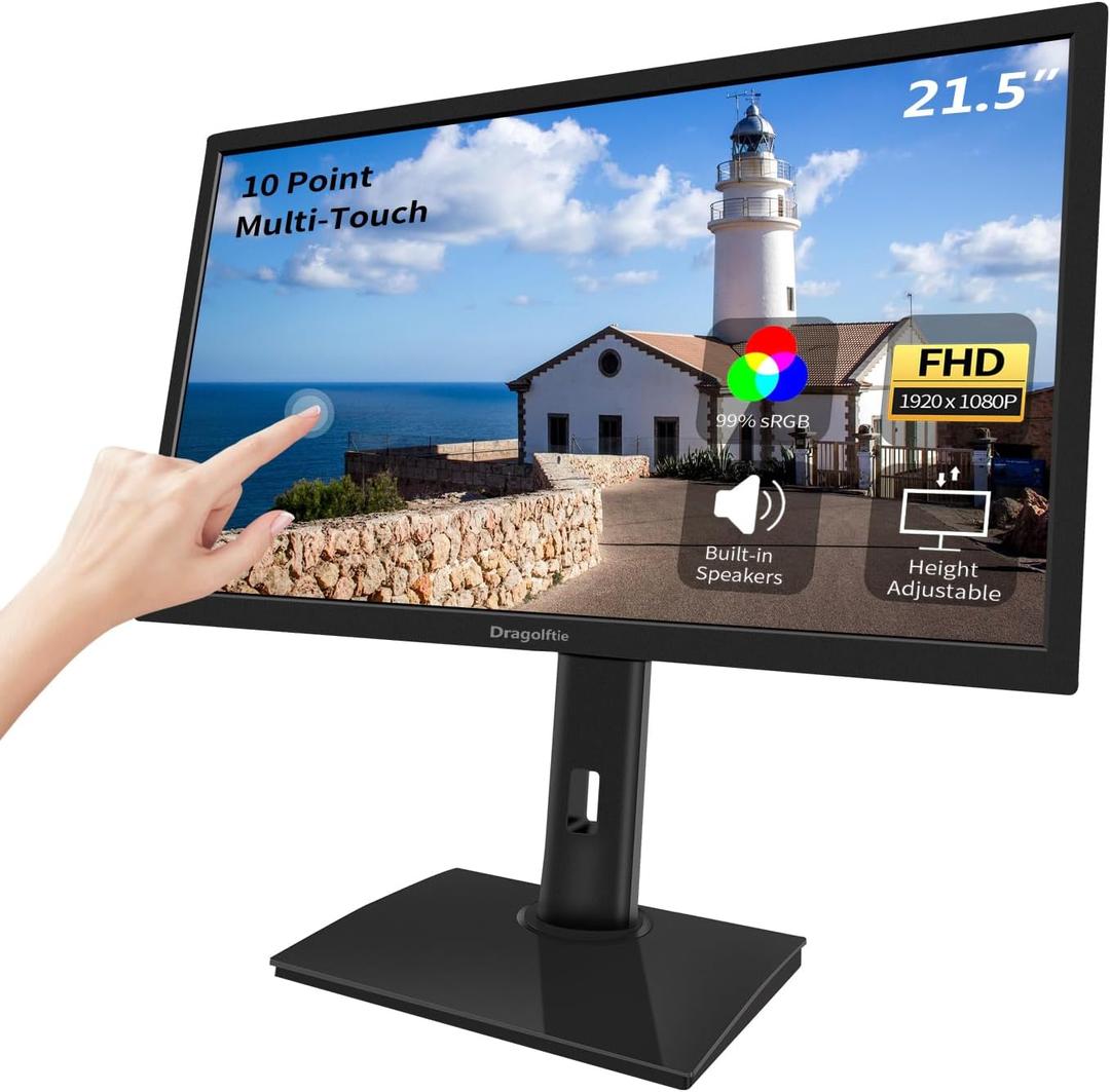 21.5 Inch Touchscreen Monitor FHD 1920x1080P, Height/Pivot/Swivel/Tilt Adjustable PC Touch Display with Built-in Speakers, HDMI, VGA, Type-B, 75Hz Computer Touch Screen Monitor, VESA, Black