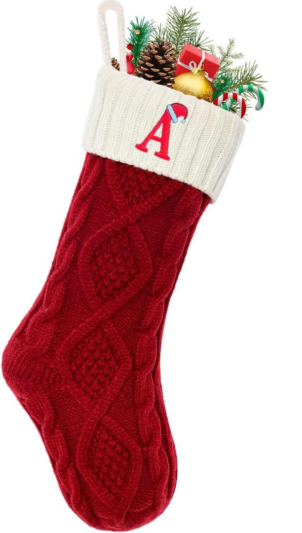 Christmas Stockings with Initials, Letter A Embroidered Xmas Stockings, 18" Large Monogram Knitted Xmas Stocking, Christmas Party Fireplace Family Hanging Stocking Decorations 1Pcs Red-White