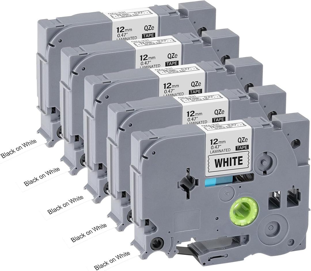 5pack 12mm 0.47'' TZe TZ Tape Laminated White Label Maker Tape Replacement for Brother P Touch Label Tape TZe-231 TZe231 Compatible with Brother PT-D210 PT-D220 PT-H110 PT-D410 PT-P710BT (Black on White)