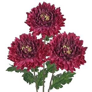 Hollyone 3Pcs Fake Mums Flowers Red Artificial Chrysanthemum Flowers Silk 30" Long Stem Floral Arrangements Bouquets Faux Spider Mum Flower Pincushion Flower Bush Spring Home Decor