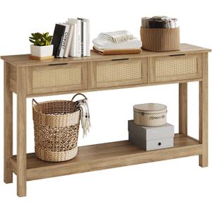 Luoxiao Rattan Console Table Boho Entryway Table with 3 Drawers Storage, Narrow Long Behind Couch Sofa Table for Living Room Side Table Entry Way Table Entrance Hallway Foyer, Natural, 47 Inch, Large