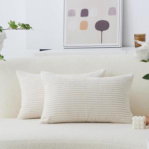 Home Brilliant Rectangle Throw Pillow Covers 12x20 Set of 2 Solid Striped Velvet Oblong Throw Pillow Case for Valentines Couch Chair Baby Toddler Lumbar Pillow, 12 x 20 inch, Cream Cheese
