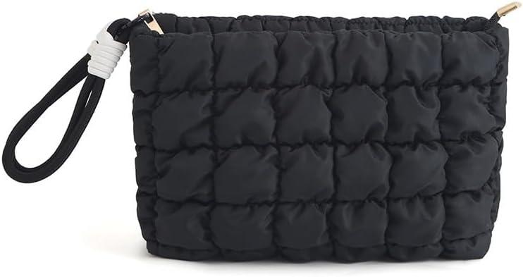 DOB SECHS Puffer Quilted Makeup Bag with Handle Detachable Women Cute Puffy Cotton Cosmetic Bag, Small Toiletry Zipper Make Up Pouch Purse, Checkered Storage Organizer Clutch Bag Travel Case, Black