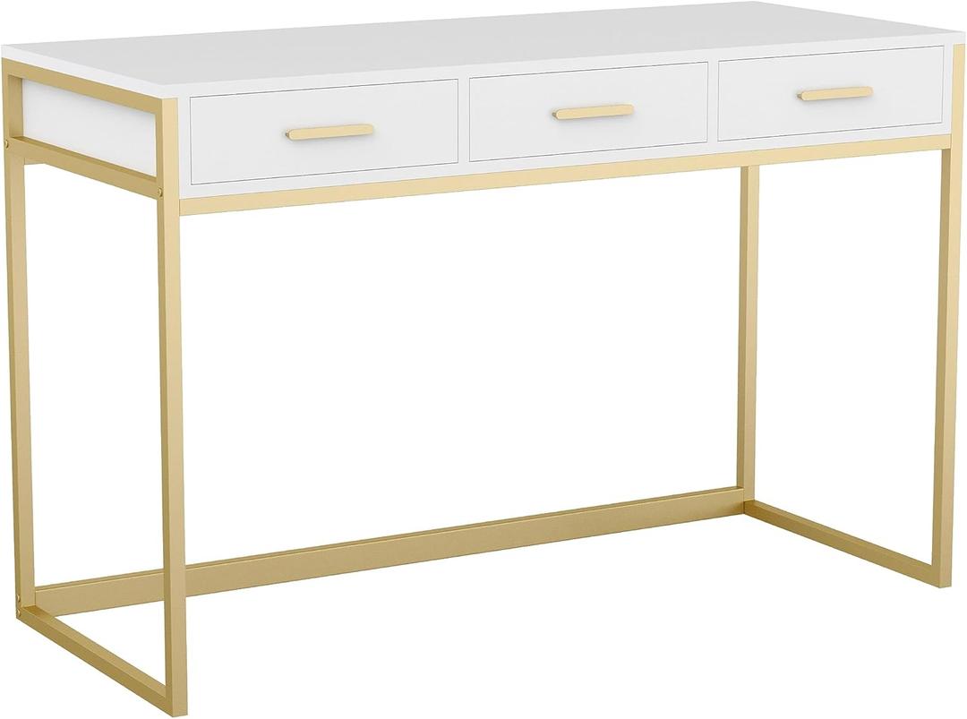 Martha Stewart Ollie Home Office Desk with 3 Drawers in White with Polished Brass Hardware