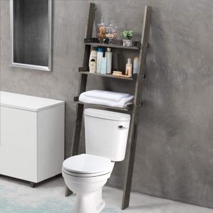 MyGift Over The Toilet Storage Ladder Shelf, 3 Tier Wood Bathroom Organizer, Above The Storage Shelves Leaning Rack Stand Gray, Large