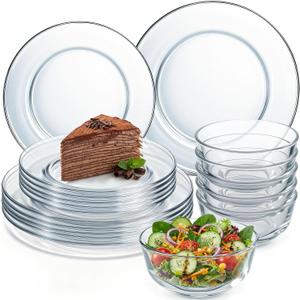 Havawish 18 Pcs Glass Dinnerware Set Sleek Round Clear Glass Plate and Bowl Sets for Dessert, Salad, Fruit, Dishwasher, Microwave Safe Kitchen Dining