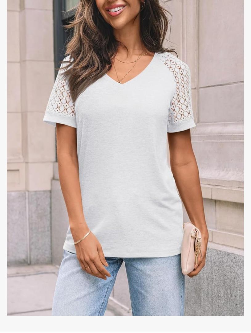 AUTOMET Womens Summer Short Sleeve T Shirt 2025 V Neck Tops Spring Vacation Lace Blouses Dressy Casual Fashion Clothes Size L