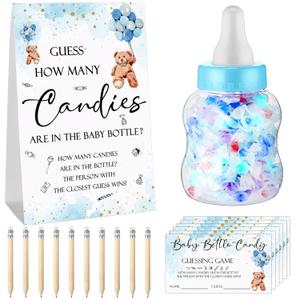 Roowest 62 Pcs Baby Shower Games Guess How Many Candies are in The Jar Sign 50 Small Guessing Games 10 HB Pencils and 1000 ml Milk Bottle for Baby Shower Gender Reveal Party(Blue,Bear)