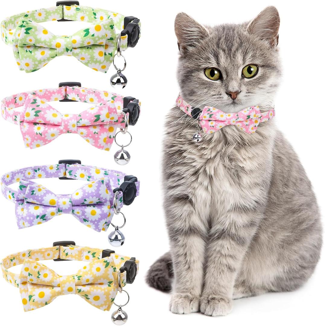 4 Pcs Breakaway Cat Collar with Bow Tie and Bell Floral Cat Kitten Collar with Removable Bowtie Adjustable Safety Collars for Girl Cats (One Size)