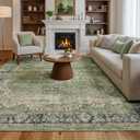 FMFUNCTEX 8x10 Green Washable Area Rug Vintage Distressed Oriental Non Slip Low Pile Neutral Indoor Carpet for Living Room Bedroom Soft Retro Floral Thin Large Rug for Dining Nursery Office Dorm