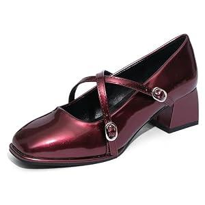 NEWBELLA Women's Retro Mary Janes - Patent Leather Chunky Heel Pumps with Cross Strap & Square Toe, Comfortable French Style Dress Shoes for Work & Daily Wear, Burgundy 8.5