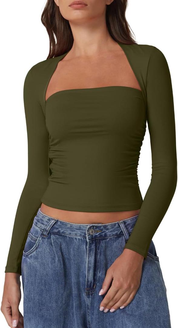 QINSEN Long Sleeve Square Neck Tops for Women Double Lined Side Ruching Going Out Shirts Basic Tee (X-Large, Olive Green)