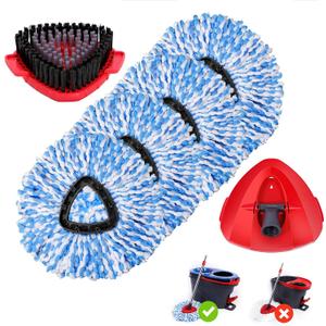 Spin Mop Refills Compatible with OCedar RinseClean 2-Tank System - 6-Piece Set Includes 4 Washable Microfiber Replacement Heads, 1 Base & 1 Small Gray Full Cleaning Brush - Floor Cleaning Accessories