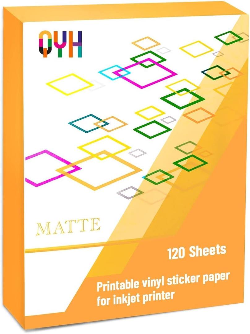 QYH Premium Matte Printable Vinyl Sticker Paper 120 Sheets 8.5"x11" White - Waterproof, Residue-Free, Compatible with Inkjet/Laser & Cricut/Silhouette - Ideal for Small Business, DIY Custom Stickers