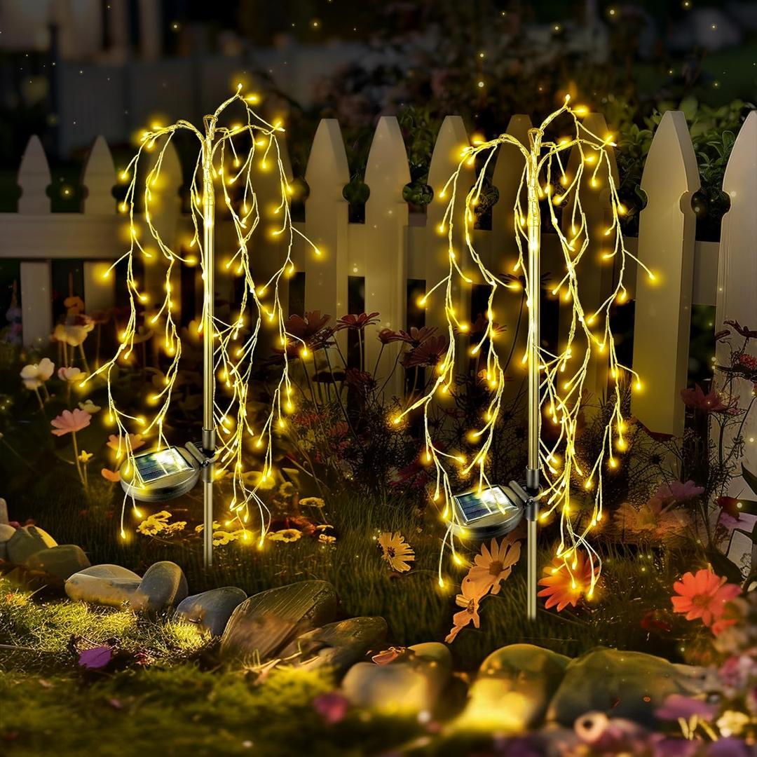 Anordsem Solar Lights Outdoor Waterproof: Garden Light Solar Powered for Yard Decorative Outside - Fairy Tree LED Warm Lighting Patio Path Decor - Gardening Gifts for Women Mom Grandma (Copper Wire 2 Pack)