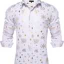 DiBanGu Christmas Shirts for Men Holiday Button Down Snowflake Dress Shirts Xmas Festival Long Sleeve Shirt for Vacation (3X-Large, White Gold)
