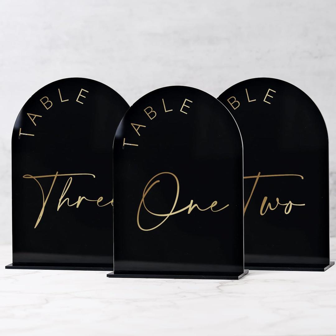 Black Arched Wedding Table Numbers 1-10 with Stands, 5x7 Inch Black Arch Acrylic Sign with Gold Letters, Acrylic Table Numbers for Wedding Reception