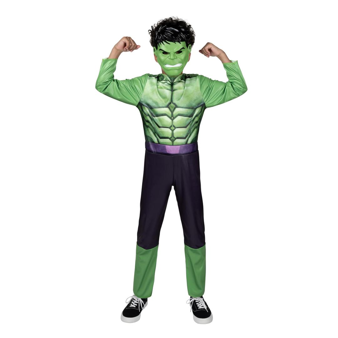 MARVEL Hulk Official Youth Halloween Costume - Premium Quality Fabric Jumpsuit with Printed Design and Plastic Mask. size small