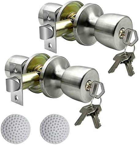 DSJJBLL 2Pack Stainless Satin Nickel Door Knob with Lock and Different Keys Round Ball Lock Interior/Exterior Door Knob for Bedroom Or Bathroom