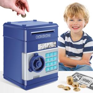 GuDoQi Piggy Bank for Boys Electronic Coin Money Bank Toy for 3 4 5 6 7 8 9 10 Year Old Children, Mini ATM Cash Coin Saving Box for Birthday Gifts Kids Age 3-10, Navy