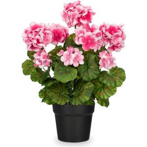 Briful Artificial Geranium Potted Plant 16 Tall, Realistic Silk Flowers with Vibrant Green Leaves, Pink White Geraniums Fake Flowers for Outdoors Home Decor, Wedding Farmhouse Office Tables Decor
