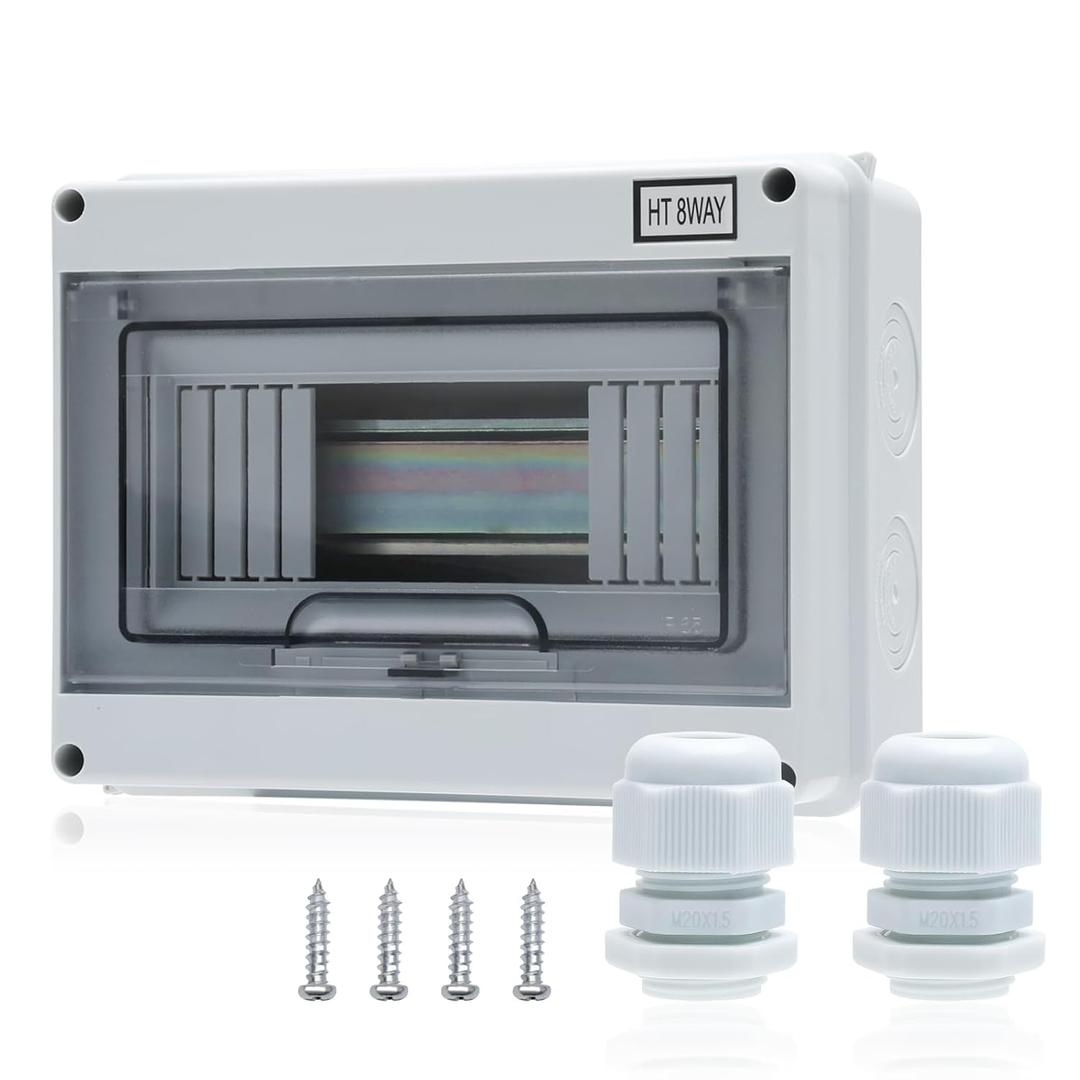 8 Way Distribution Protection Box,ABS/PC Alloy Plastic Transparent Cover Circuit Breaker Box IP66 Waterproof Distribution Box with DIN Rail and Waterproof Connector