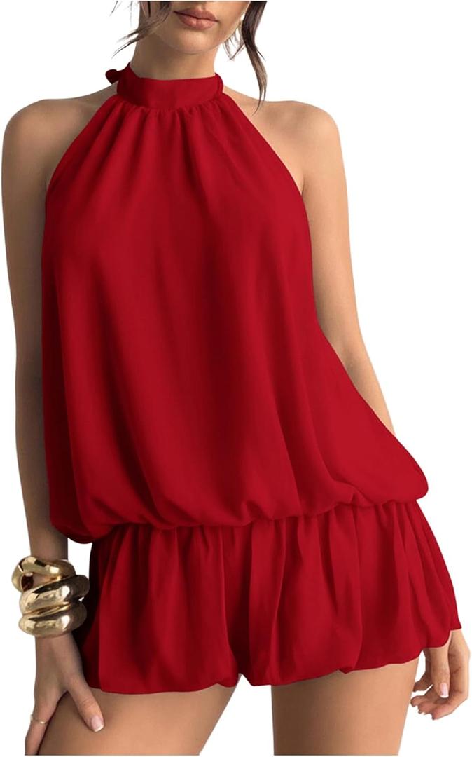 Floerns Women's Y2k Summer Halter Dress Tie Open Back Sleeveless Ruffle Hem Bubble Going Out Mini Dresses (Red) S