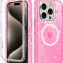 I-HONVA for iPhone 15 Pro Case Clear [Non Yellowing] [Compatible with MagSafe] Shockproof 3-Layer Full Body Protection Rugged Heavy Duty Cover Case for Apple iPhone 15 Pro 6.1",Clear Pink Glitter