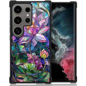 CARLOCA Compatible with Samsung Galaxy S24 Ultra Case Design for Girl Shockproof Anti-Scratch Hard PC Back Case Esthetics Fashion Pattern Colorful Stained Glass Design Lotus Flower