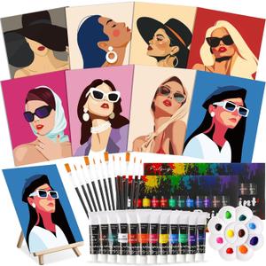 Cholemy 36 Pcs Paint and Sip Kit for Adults 8''x10'' Pre Drawn Canvas for Painting DIY Afro Acrylic Painting Kit Wood Easel Brushes Date Night Bulk for Father's Day Party Gifts(Modern Woman)