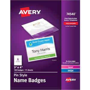 Avery Customizable Name Badges, Pin Style, 3" x 4", Clear Name Tag Holders, White Laser/Inkjet Printable Inserts, 100 Total (74540)