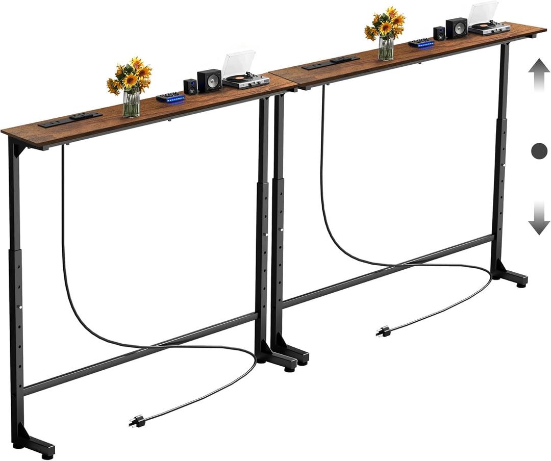 90 inch Narrow Console Table with Outlet,Adjustable Height(25"-37") Behind Sofa Table,Couch Behind Table Skinny,Couch Shelf with Charging Station,Long Entryway Tables for Living Room, Brown