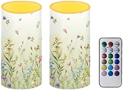NETILGEN Flameless Candles LED Battery Operated Candles with Realistic Set of 2 with 18 Key Remote Control Timer Dancing Flame Pillar Candles for Home Beach Farmhouse, Floral Green