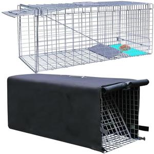 Live Animal Trap Cage with Cover, Cat Trap for Stray Cats 32 Inch Heavy Duty Folding Skunk Traps with Real Door for Raccoons, Opossums, Groundhogs, Skunks, Feral Cats, Squirrels-(32 x 10 x 12 inches)