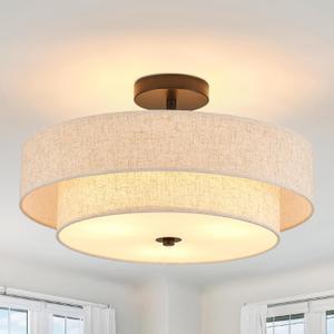 Modern Semi Flush Mount Ceiling Light 18" Modern 3-Lights Black Drum Ceiling Lighting Fixture with Linen Shade Vintage Ceiling Lamp for Kitchen, Basement, Laundry Room, Bedroom (2-Tier Black)