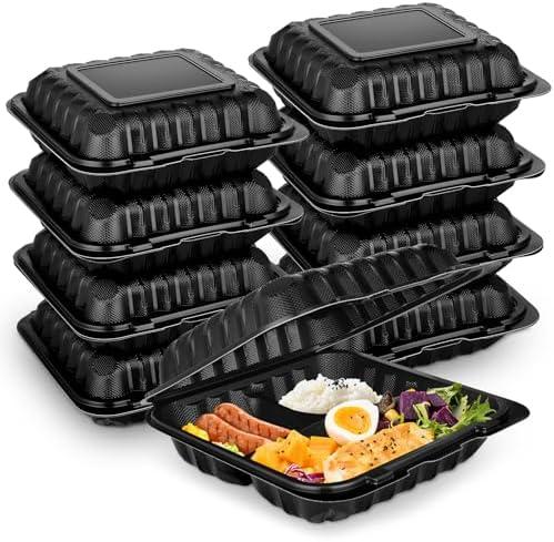 50Pack 8" X 8" 3-Compartment Clamshell To Go Food Containers With Secure Snap Lids - Heavy Duty Take out Containers Disposable To Go Plate For Carryout Meal Prep Catering (Black 3-Compartment)