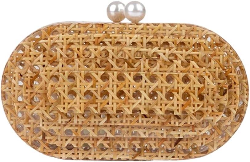 Women Acrylic Rattan Clutch Purse Rattan Woven Evening Bag Wedding Party Purse Summer Beach Wicker Shoulder Handbag