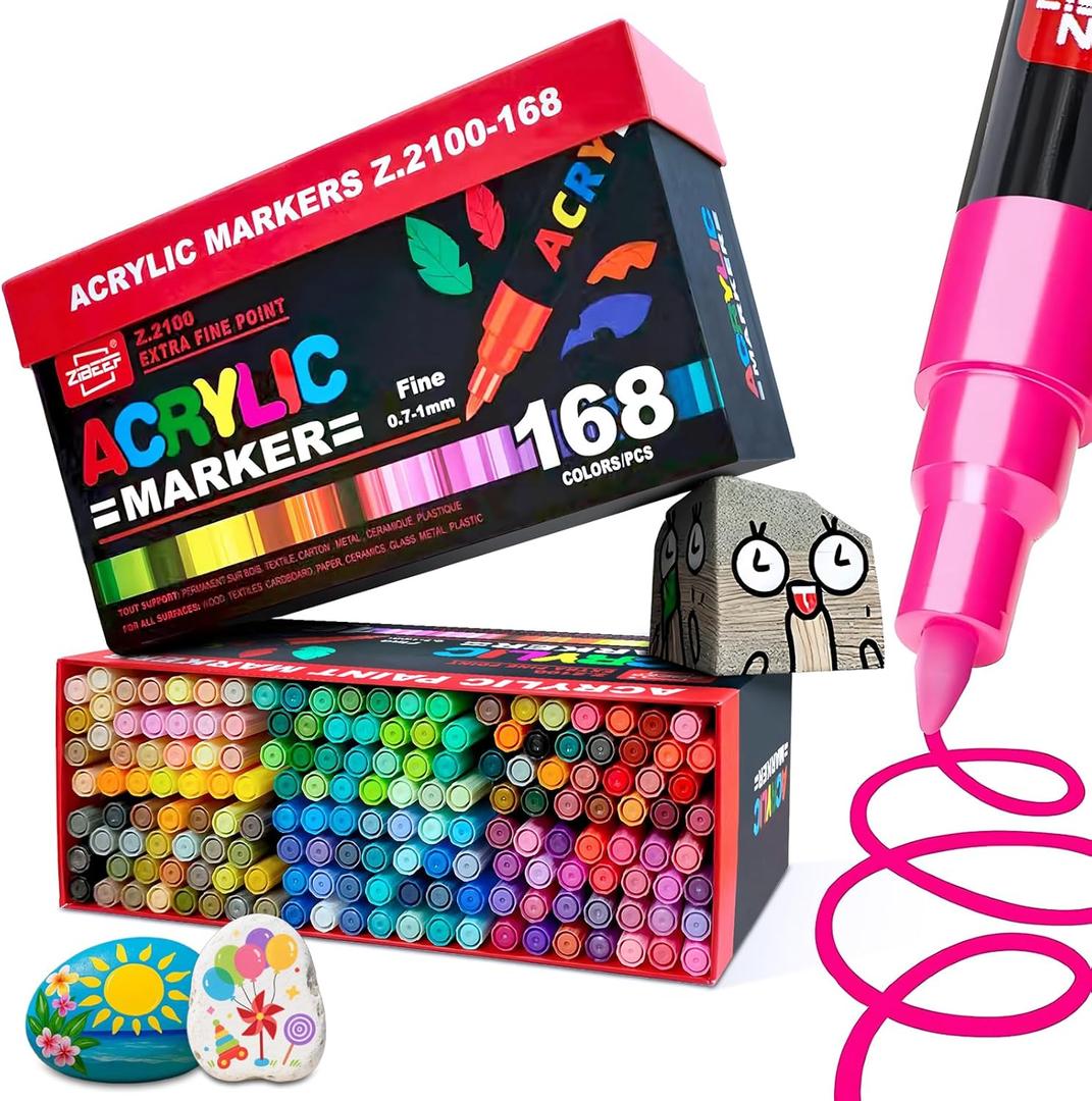 Guangna 168 Acrylic Paint Markers, Hardhead 0.7-1mm Extra Fine Tip Acrylic Paint Pen, Waterproof & High Saturation Ideal for Wood, Metal, Plastic, Canvas, Glass, Ceramic, Rock Painting DIY Art Supplies