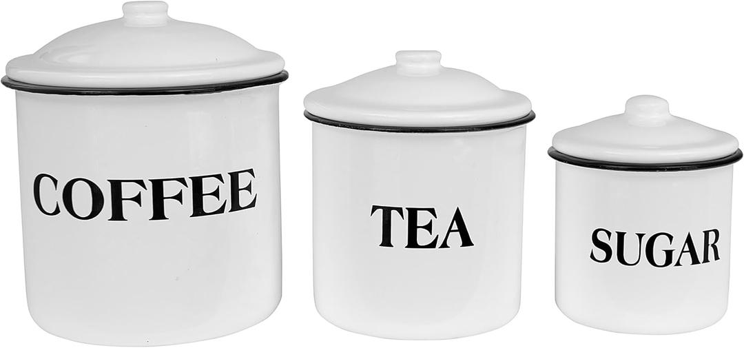 Creative Co-Op Metal Containers with Lids, Coffee, Tea, Sugar (Set of 3 Sizes/Designs)