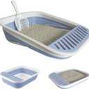 Collapsible Small Cat Litter Box,Kitten Open Potty Pan with Scoop Cat Toilet with Falling Sand Pedal Low Entrance Foldable Kittens Travel Litter Box Blue