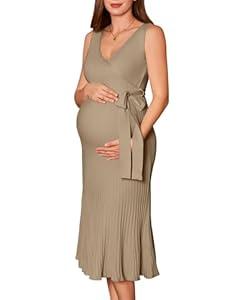 V FOR CITY Spring Summer Maternity Dress Knit Midi Pregancy Dresses 2025 Casual Nursing Clothes Sleeveless Tan Medium