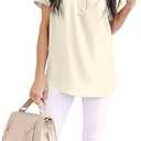 Allimy Women Summer Casual Split V Neckline Chiffon Blouses Loose Tunic Short Sleeve Tops (Beige, S)