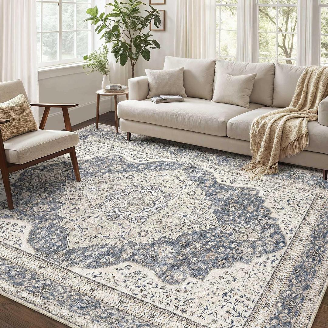 Washable Rug 10x14 Area Rugs for Living Room Bedroom Dining Room Home Office Floor Decor -Stain & Fade Resistant Non Slip Backing Carpet,Ultra-Thin Vintage Large Carpets (Blue/Beige,10'x14')