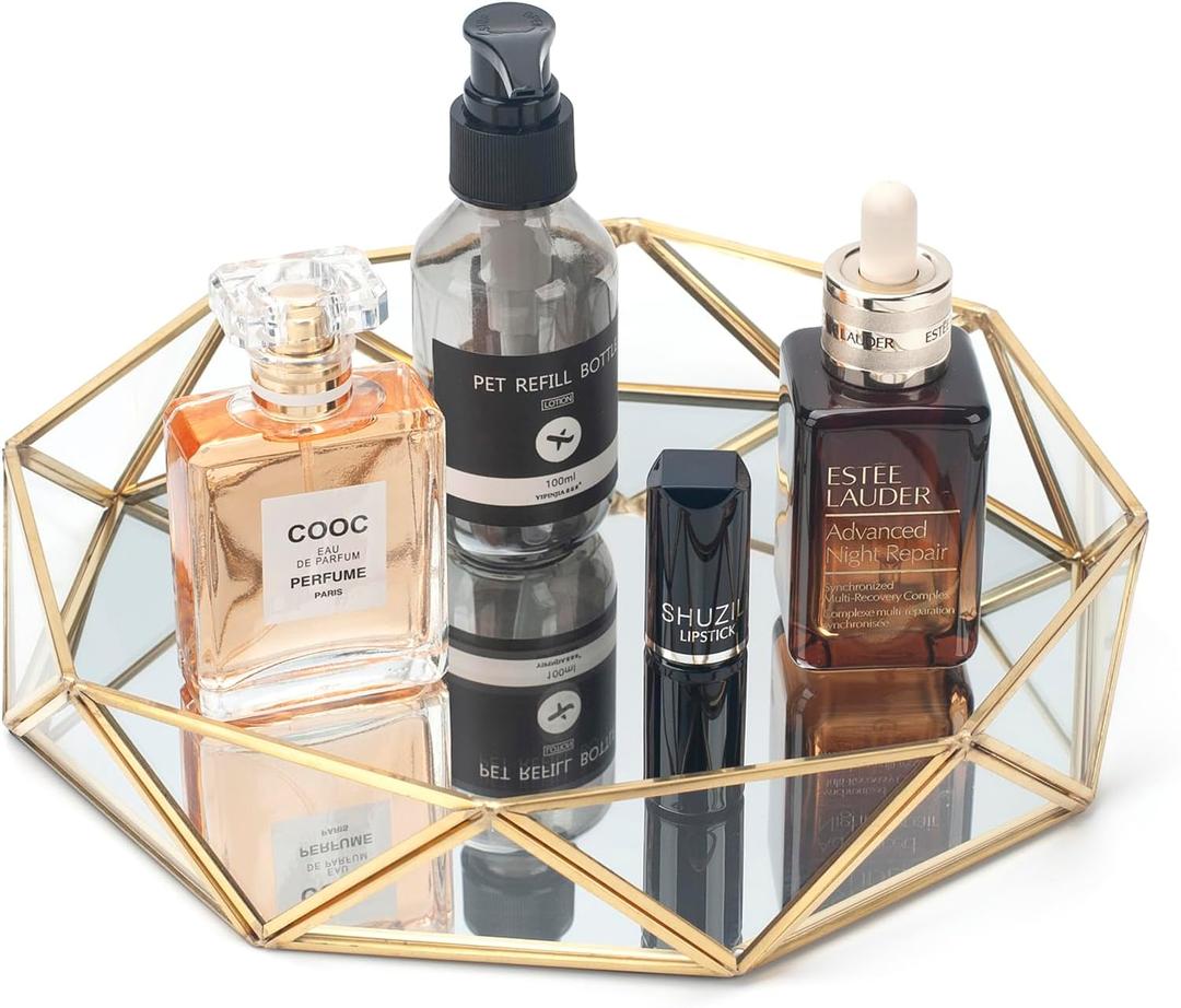 Gold Mirror Perfume Organizer - Large Decorative Tray for Vanity, Dresser, Bathroom Countertop (9.6" x 9.6" x 1.7")