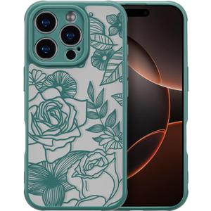 XIZYO for iPhone 16 Pro Case, Floral Rose Cute Phone Case for Women Girls Aesthetic Pattern Print Slim TPU Bumper Shockproof Protective Cover for iPhone 16 Pro 6.3 Inch, Deep Green